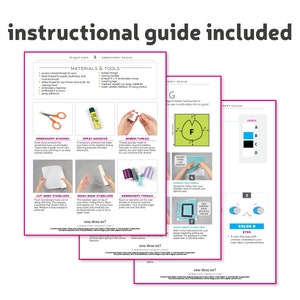 May include: An instructional guide for embroidery, featuring detailed instructions and materials. The guide includes images of scissors, spray adhesive, and thread. Text on the guide reads "Dragon Eyes 5" and "instructional guide included".