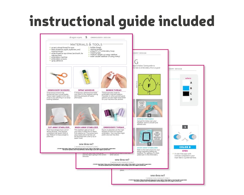 May include: An instructional guide for embroidery, featuring detailed instructions and materials. The guide includes images of scissors, spray adhesive, and thread. Text on the guide reads "Dragon Eyes 5" and "instructional guide included".