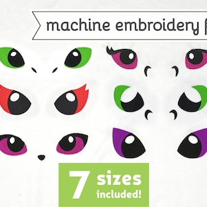 以下が含まれることがあります： さまざまな目のデザインを作成するためのマシン刺繍ファイル。ファイルには、黒目のついた緑、赤、紫、ピンクの目の7つのサイズが含まれています。