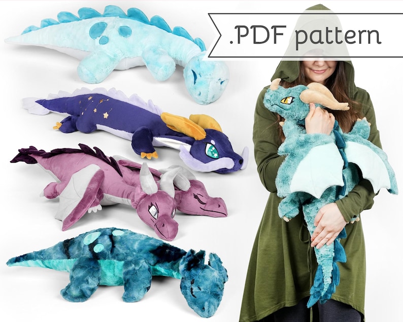 May include: Five plush dragon toys in different colors and sizes. The dragons are lying on a white surface. The text '.PDF pattern' is in the upper right corner of the image.