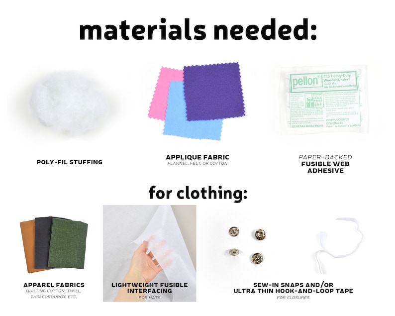 Puede incluir: Materiales necesarios para hacer ropa y accesorios. La imagen muestra relleno de fibra de poli&eacute;ster, tela de aplique, adhesivo de tela termoadhesivo con respaldo de papel, telas para ropa, entretela fusible ligera, broches de presi&oacute;n para coser y cinta de gancho y bucle ultra fina.