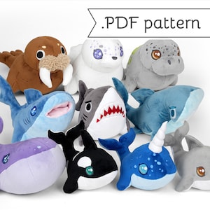 Sea Mammals and Sharks Plush Bundle Animal Sewing Pattern .pdf Tutorial Hammerhead Whale Orca Dolphin Narwhal Seal Walrus Manatee