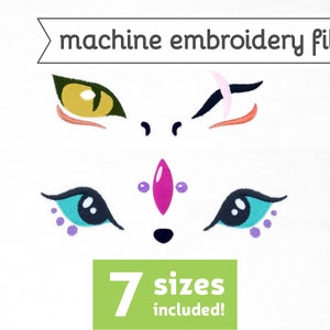 May include: Machine embroidery file of a white fox face with colorful eyes, nose, and a pink gem on the forehead. The text "7 sizes included!" is on a green rectangle.