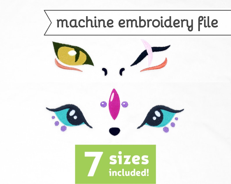 May include: Machine embroidery file of a white fox face with colorful eyes, nose, and a pink gem on the forehead. The text "7 sizes included!" is on a green rectangle.