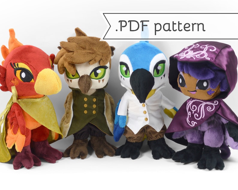 May include: Four plush toy patterns for sewing. The patterns include a red bird with yellow beak and orange wings, a brown owl with green eyes, a blue bird with a white shirt, and a purple creature with a purple cloak.