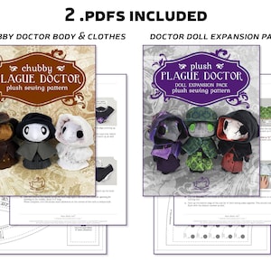 Puede incluir: Dos patrones de costura PDF para un mu&ntilde;eco de peluche Doctor de la Peste. El primer patr&oacute;n es para el cuerpo y la ropa del mu&ntilde;eco, y el segundo patr&oacute;n es para un paquete de expansi&oacute;n con accesorios adicionales. Los patrones presentan ilustraciones del mu&ntilde;eco terminado e instrucciones para coser.