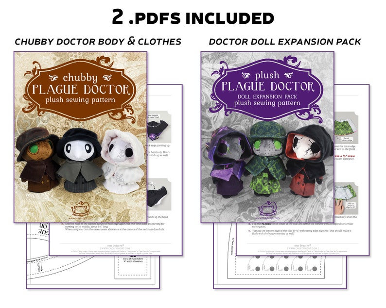 Puede incluir: Dos patrones de costura PDF para un mu&ntilde;eco de peluche Doctor de la Peste. El primer patr&oacute;n es para el cuerpo y la ropa del mu&ntilde;eco, y el segundo patr&oacute;n es para un paquete de expansi&oacute;n con accesorios adicionales. Los patrones presentan ilustraciones del mu&ntilde;eco terminado e instrucciones para coser.