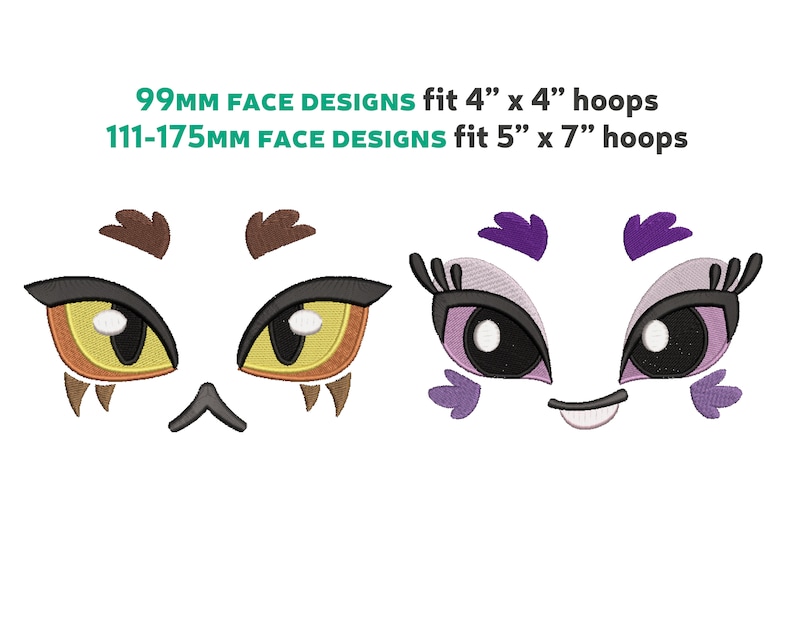 Puede incluir: Dos dise&ntilde;os de bordado de cara de animales de dibujos animados. El primer dise&ntilde;o es una cara de b&uacute;ho amarilla y marr&oacute;n con pesta&ntilde;as negras. El segundo dise&ntilde;o es una cara morada y blanca con pesta&ntilde;as negras y una sonrisa. 99MM FACE DESIGNS fit 4" x 4" hoops 111-175MM FACE DESIGNS fit 5" x 7" hoops