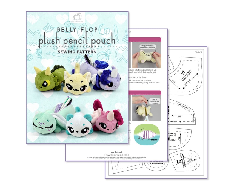 May include: A sewing pattern for a plush pencil pouch shaped like a dragon, cat, unicorn, and other cute creatures. The pattern includes instructions and templates for sewing the pouch. The pattern is called "Belly Flop Plush Pencil Pouch Sewing Pattern".