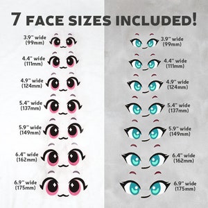 May include: Seven different sizes of cartoon eyes, ranging from 3.9 inches (99 mm) to 6.9 inches (175 mm) wide. Each eye is a different color, with pink, blue, and green hues. The eyes are arranged in a vertical column, with the smallest at the top and the largest at the bottom. The text "7 FACE SIZES INCLUDED!" is at the top of the image.