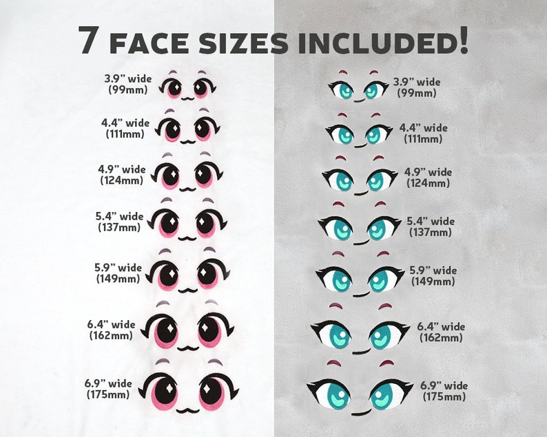 May include: Seven different sizes of cartoon eyes, ranging from 3.9 inches (99 mm) to 6.9 inches (175 mm) wide. Each eye is a different color, with pink, blue, and green hues. The eyes are arranged in a vertical column, with the smallest at the top and the largest at the bottom. The text "7 FACE SIZES INCLUDED!" is at the top of the image.