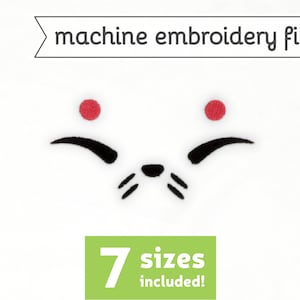 May include: Machine embroidery file of a cartoon cat face with black eyes, a black nose, and two red circles for cheeks. The text "7 sizes included!" is below the image.