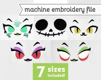 May include: Set of five machine embroidery designs featuring different cartoon eyes and mouths. The designs include a green and black eye with a green mouth, a black and white skull with a stitched mouth, a yellow cat eye with a black nose and mouth, a purple and red eye with a purple mouth, and a green and red eye with a green mouth. The text "7 sizes included!" is displayed below the designs.