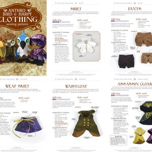 May include: A sewing pattern booklet for making clothing for anthropomorphic bird and harpy characters. The booklet includes instructions for making a shirt, pants, wrap skirt, waistcoat, and assassin cloak. The booklet features illustrations of the finished garments and a variety of fabric suggestions.