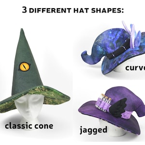 May include: Three different witch hat shapes: a classic cone hat with a green and camouflage pattern, a curved hat with a galaxy print, and a jagged hat with a purple and black pattern.