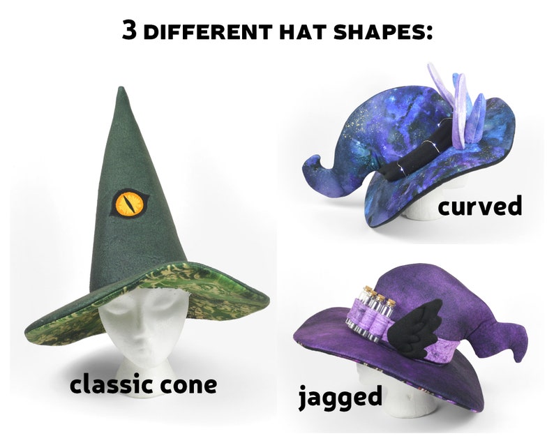 May include: Three different witch hat shapes: a classic cone hat with a green and camouflage pattern, a curved hat with a galaxy print, and a jagged hat with a purple and black pattern.