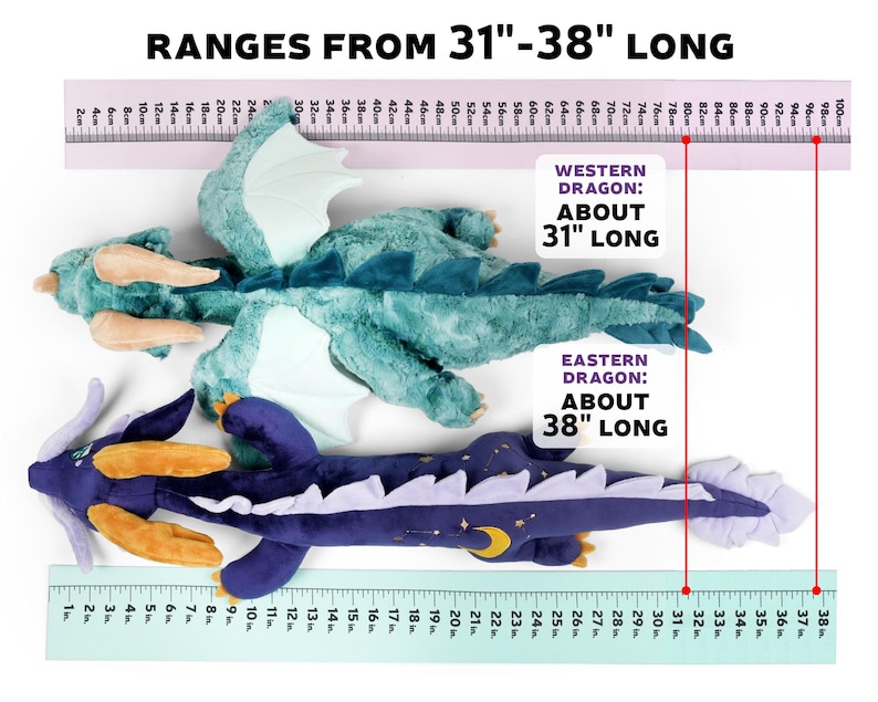 May include: Two plush dragon toys, one teal and one purple, are laid out on a white surface with a ruler measuring their length. The teal dragon is 31 inches long and the purple dragon is 38 inches long. The text "RANGES FROM 31"-38" LONG" is at the top of the image.
