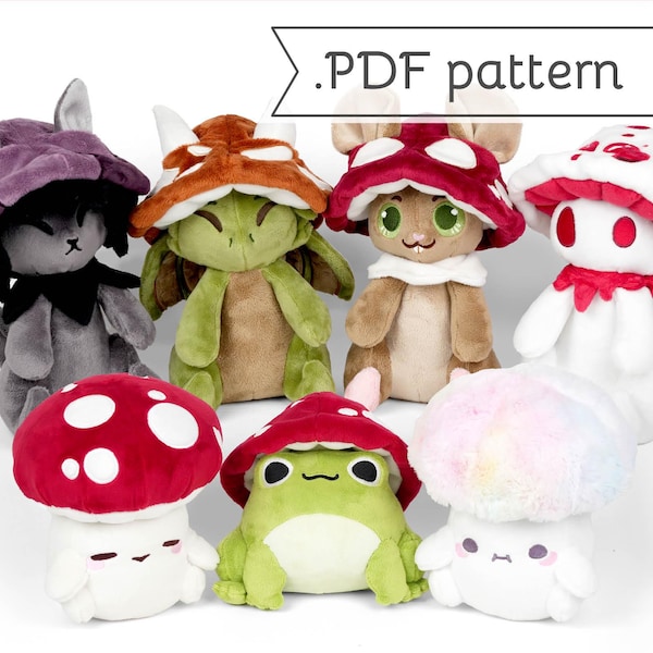 Mushroom Animals Plush Sewing Pattern .pdf Tutorial Frog Dragon Cat Mouse Hat Ink Cap Devil's Bleeding Tooth