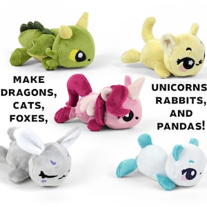 May include: A collection of plush toys, including a green dragon, a yellow cat, a pink unicorn, a grey rabbit, and a blue and white panda. The text "MAKE DRAGONS, CATS, FOXES, UNICORNS, RABBITS, AND PANDAS!" is written below the toys.