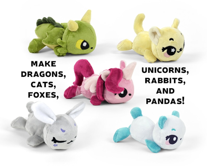 May include: A collection of plush toys, including a green dragon, a yellow cat, a pink unicorn, a grey rabbit, and a blue and white panda. The text "MAKE DRAGONS, CATS, FOXES, UNICORNS, RABBITS, AND PANDAS!" is written below the toys.