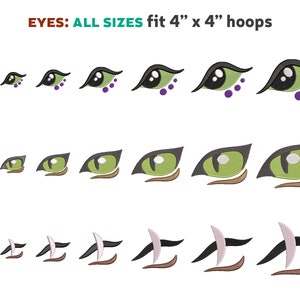 May include: A set of nine different sized embroidered eye designs, all suitable for 4" x 4" embroidery hoops. The eyes are green with black outlines and purple accents.