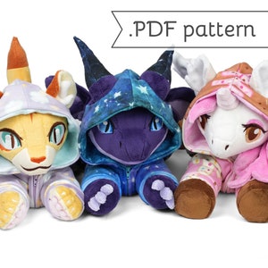 Cuddle Plush Animal Sewing Pattern .pdf Tutorial with Matching Onesie Kigurumi Pajamas Dragon Unicorn Tiger Fox Rabbit