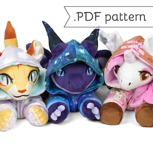 Cuddle Plush Animal Sewing Pattern .pdf Tutorial with Matching Onesie Kigurumi Pajamas Dragon Unicorn Tiger Fox Rabbit