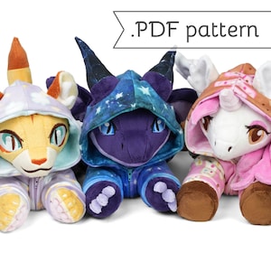 Cuddle Plush Animal Sewing Pattern .pdf Tutorial with Matching Onesie Kigurumi Pajamas Dragon Unicorn Tiger Fox Rabbit