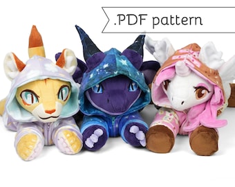 Cuddle Plush Animal Sewing Pattern .pdf Tutorial with Matching Onesie Kigurumi Pajamas Dragon Unicorn Tiger Fox Rabbit