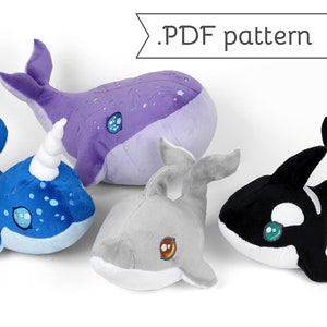 May include: Four plush stuffed animal toys: a purple whale with white stars, a blue narwhal with a white horn, a gray dolphin, and a black and white orca.  The toys have embroidered eyes and are designed to be sewn.