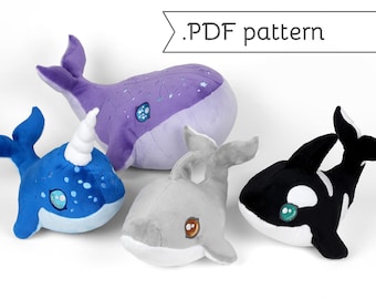 Patrón de costura de animales de peluche Ballenas y delfines .pdf Tutorial Ballena azul Narval Orca