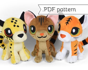 Sitting Kitten & Wildcat Plush Sewing Pattern .pdf Tutorial Tiger Lion Cheetah Leopard Tabby Calico Tuxedo Cat