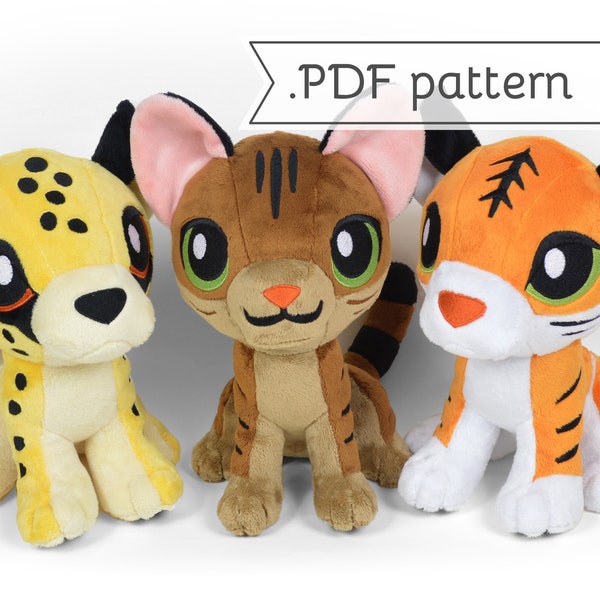 Sitting Kitten & Wildcat Plush Sewing Pattern .pdf Tutorial Tiger Lion Cheetah Leopard Tabby Calico Tuxedo Cat