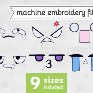 May include: Machine embroidery file featuring various cartoon face expressions. Includes eyes, eyebrows, and mouths in different styles, such as angry, sad, and surprised. The text "machine embroidery file" is at the top, and "9 sizes included!" is at the bottom.
