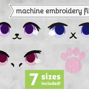 May include: Machine embroidery file design set featuring four different eye designs with eyelashes and a paw print. The eyes are in purple, blue, and pink colors. The paw print is pink. The text "7 sizes included!" is in green.