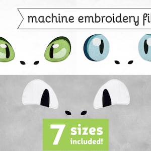 May include: Machine embroidery file for a pair of eyes. The eyes are green, blue, and white with black pupils. The file includes 7 sizes.