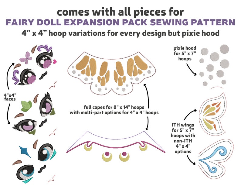 May include: A sewing pattern for a fairy doll expansion pack. The pattern includes different face designs, capes, wings, and a pixie hood. The pattern is designed for 4-inch by 4-inch embroidery hoops, but some pieces can be made for larger hoops.