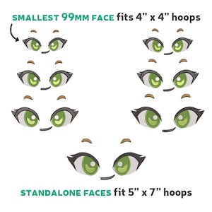 May include: A graphic showing the size of embroidery designs for different hoop sizes. The smallest 99mm face fits a 4 inch by 4 inch hoop. Standalone faces fit a 5 inch by 7 inch hoop.