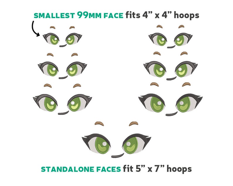 May include: A graphic showing the size of embroidery designs for different hoop sizes. The smallest 99mm face fits a 4 inch by 4 inch hoop. Standalone faces fit a 5 inch by 7 inch hoop.