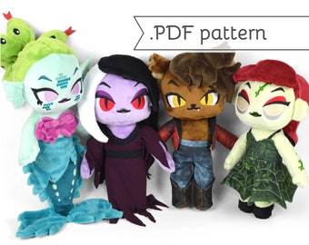 May include: A set of four plush toys, each with a unique design. The toys are a green mermaid, a purple vampire, a brown werewolf, and a green zombie. The toys are all standing on a white surface. .PDF pattern