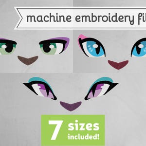 May include: An embroidery file showing three sets of stylised eyes in different colours. The eyes are green, blue, and purple, with brown and maroon accents. The text "machine embroidery file" is at the top, and "7 sizes included!" is at the bottom.