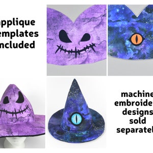 May include: Two purple witch hats with a black eye and mouth applique. The hats have a galaxy print. The text "applique templates included" and "machine embroidery designs sold separately" is visible.