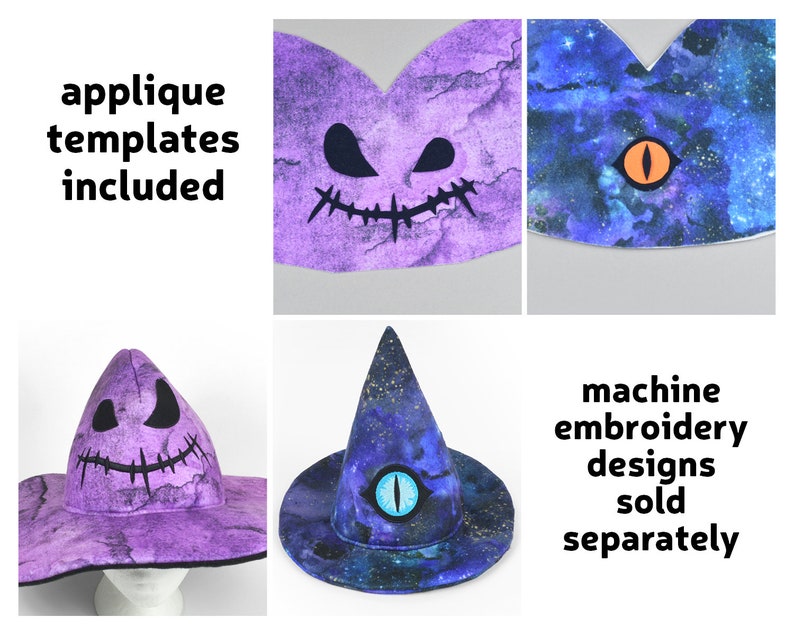 May include: Two purple witch hats with a black eye and mouth applique. The hats have a galaxy print. The text "applique templates included" and "machine embroidery designs sold separately" is visible.