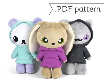 Standing Animal Plush Sewing Pattern .pdf Tutorial Cat Kitty Rabbit Bunny Panda Bear