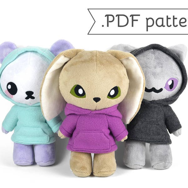 立っている動物のぬいぐるみの縫製パターン.pdfチュートリアル猫子猫ウサギバニーパンダクマ