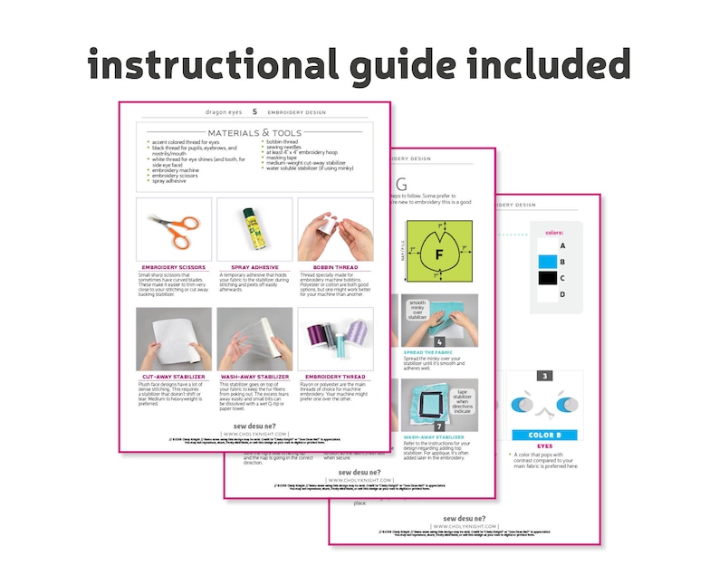May include: Instructions for a dragon eye embroidery project. The instructions include a list of materials and tools, a diagram of the embroidery design, and a color chart. The instructions are written in English.