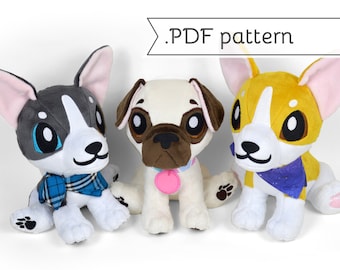 Sitting Puppy Plush Sewing Pattern .pdf Tutorial Corgi Husky Pug Shiba Dalmatian