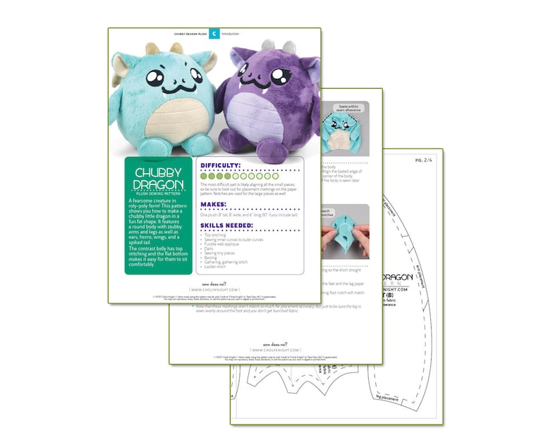 Peut inclure: Un patron de couture pour un dragon en peluche. Le patron comprend des instructions pour r&eacute;aliser un dragon dodu avec un corps rond, des ailes et une queue h&eacute;riss&eacute;e. Le patron est intitul&eacute; "Chubby Dragon Plush Sewing Pattern".