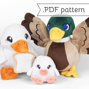 May include: A PDF pattern for sewing three plush duck toys. The ducks are a brown and green mallard, a white duck holding a piece of bread, and a small pink duck.