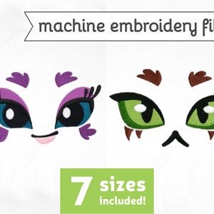 May include: Two machine embroidery designs of cartoon animal faces. The first design is a purple and blue face with eyelashes and a pink tongue. The second design is a green and brown face with green eyes and brown eyebrows. The text "7 sizes included!" is below the designs.